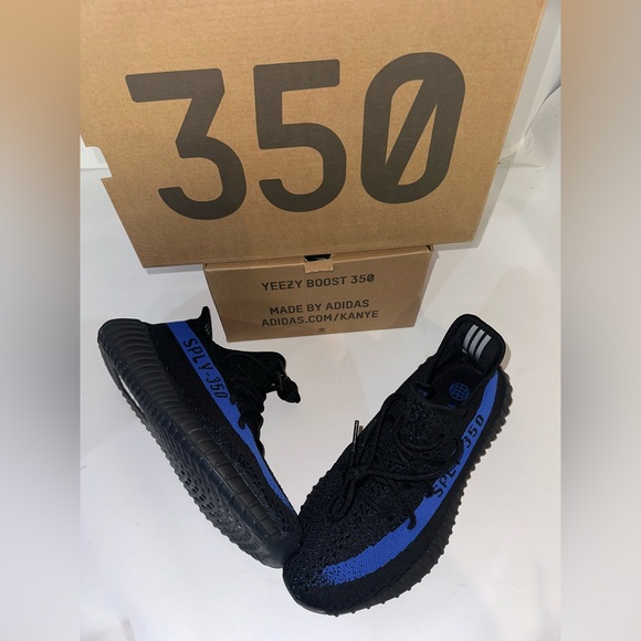 Adidas Yeezy Boost 350 V2 - Black with Blue Stipe Edition Men’s Sneakers - Picture 4 of 6